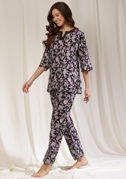 Peach Ivory Hand Block Floral Printed Cotton Night Suit - uNidraa