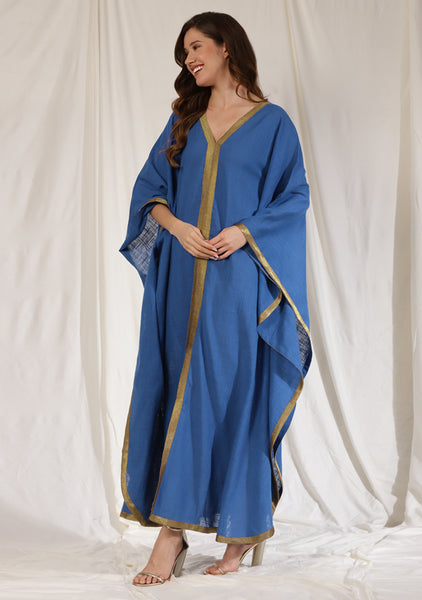 Flowy Royal Blue Cotton Kaftan with Contrast Bronze Tissue Trimmings –  uNidraa