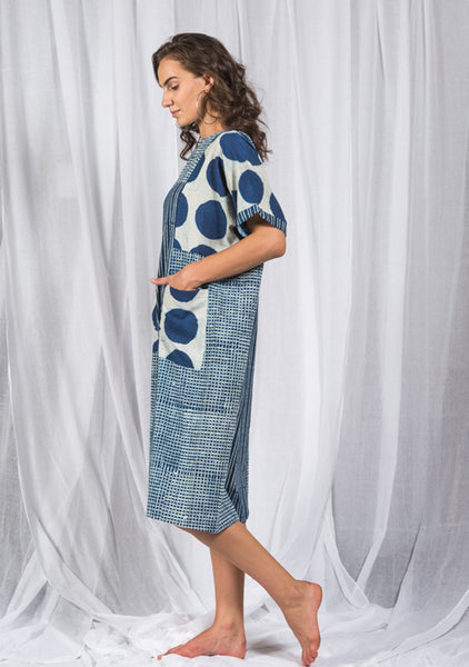 Indigo Ivory Block Dress in Polka Dots and Stripes with Diggin