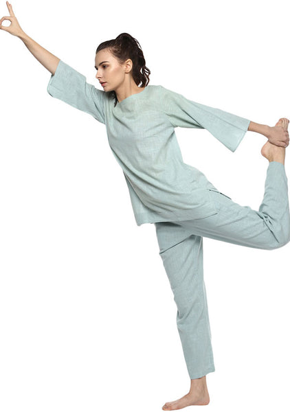 Smoke Blue Cotton Yoga Wear With Sleeves