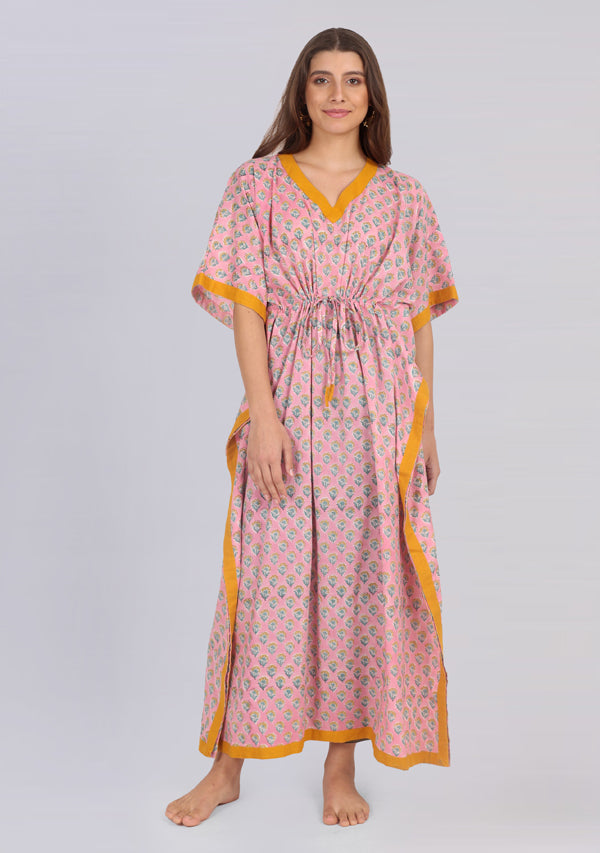 Pink Yellow Floral Hand Block Printed Tie-Up Waist Cotton Kaftan