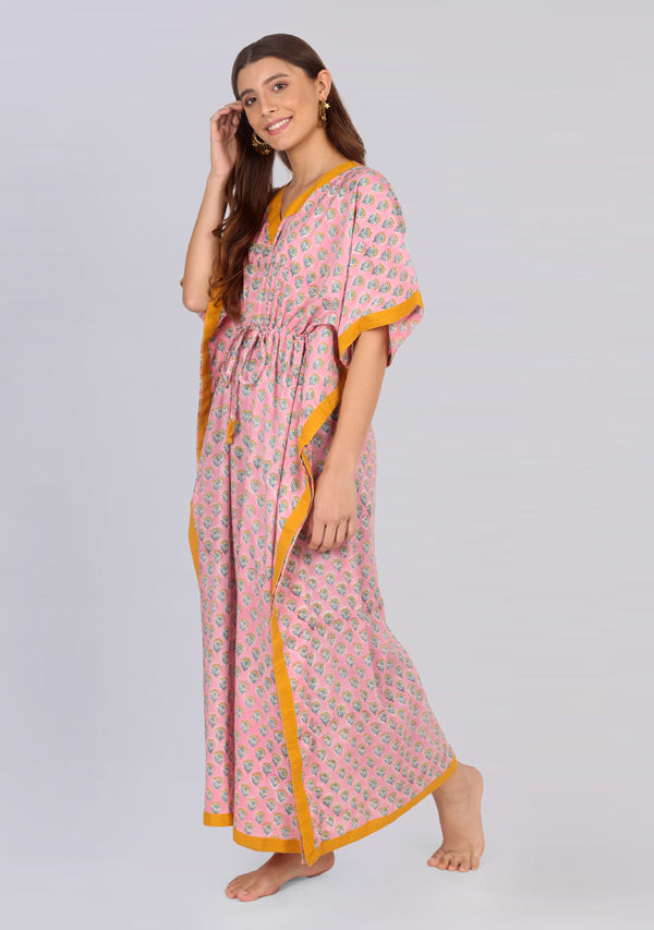 Pink Yellow Floral Hand Block Printed Tie-Up Waist Cotton Kaftan