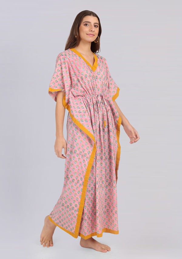 Pink Yellow Floral Hand Block Printed Tie-Up Waist Cotton Kaftan