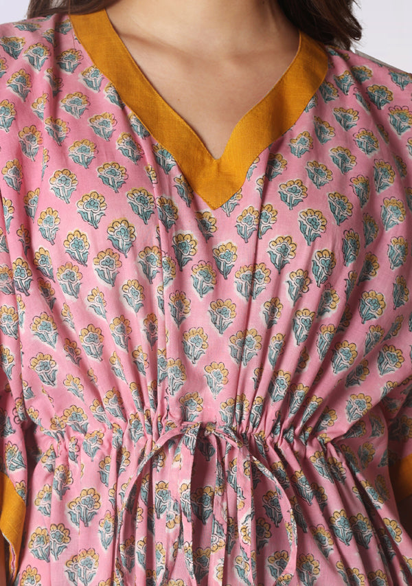 Pink Yellow Floral Hand Block Printed Tie-Up Waist Cotton Kaftan