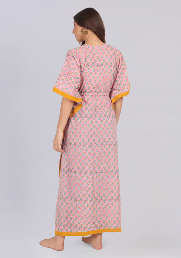 Pink Yellow Floral Hand Block Printed Tie-Up Waist Cotton Kaftan