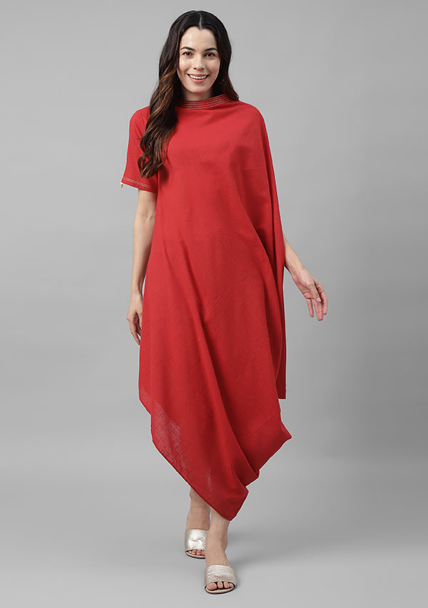 Red Cotton Dress With Loose Folds and Contrast Gold Trimmings