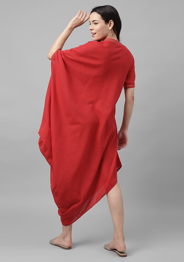 Red Cotton Dress With Loose Folds and Contrast Gold Trimmings