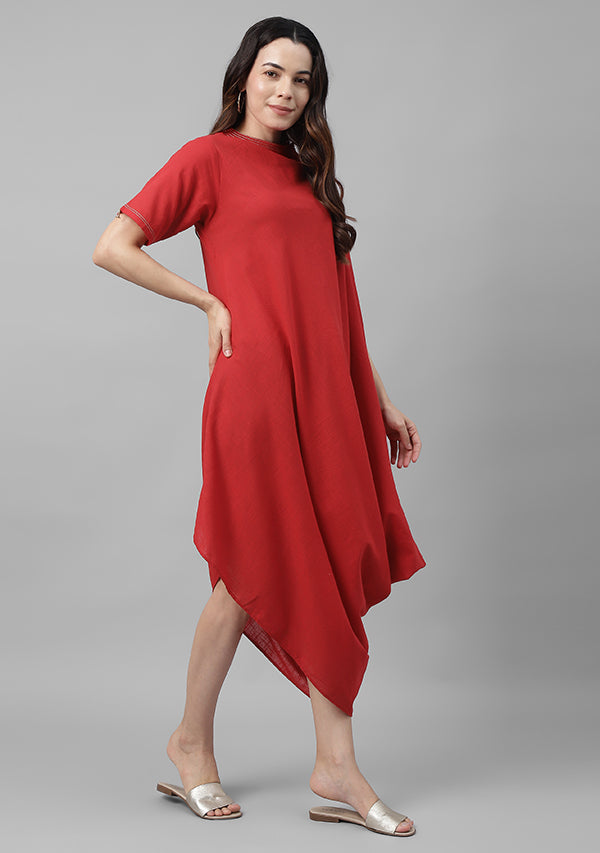 Red Cotton Dress With Loose Folds and Contrast Gold Trimmings