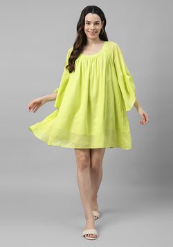 Lime Green Short Cotton Dress with  Gathers