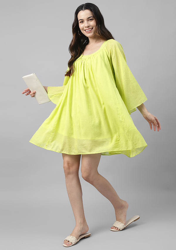 Lime Green Short Cotton Dress with  Gathers