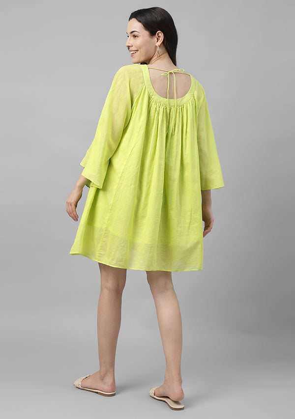 Lime Green Short Cotton Dress with  Gathers