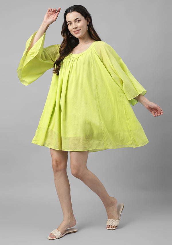 Lime Green Short Cotton Dress with  Gathers