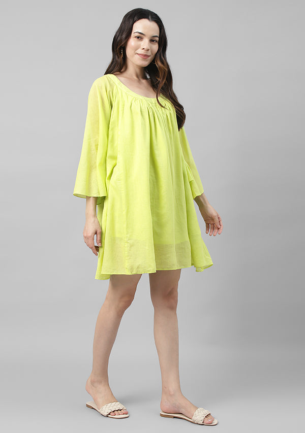 Lime Green Short Cotton Dress with  Gathers