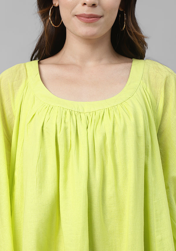 Lime Green Short Cotton Dress with  Gathers