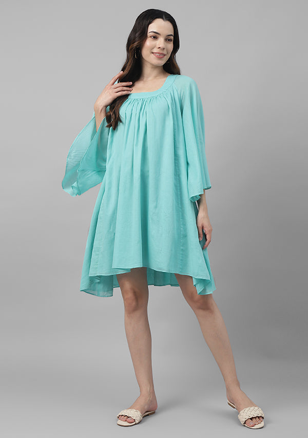 Turquoise Short Cotton Dress with  Gathers