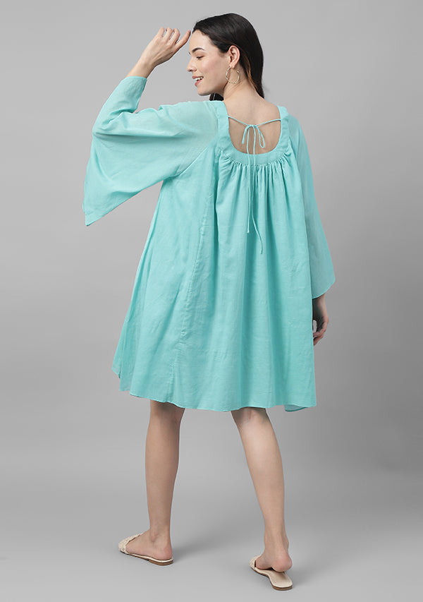 Turquoise Short Cotton Dress with  Gathers