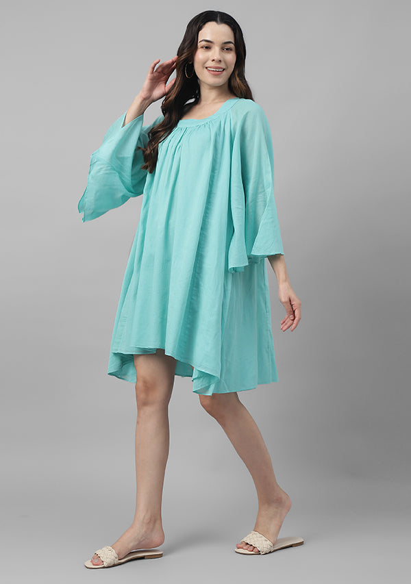 Turquoise Short Cotton Dress with  Gathers