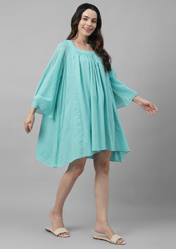 Turquoise Short Cotton Dress with  Gathers