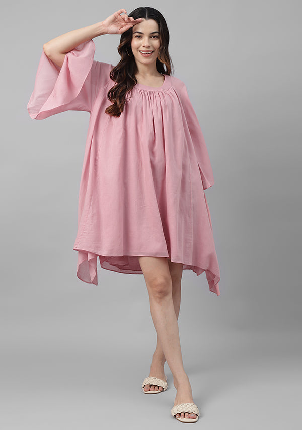 Pink Short Cotton Dress with  Gathers