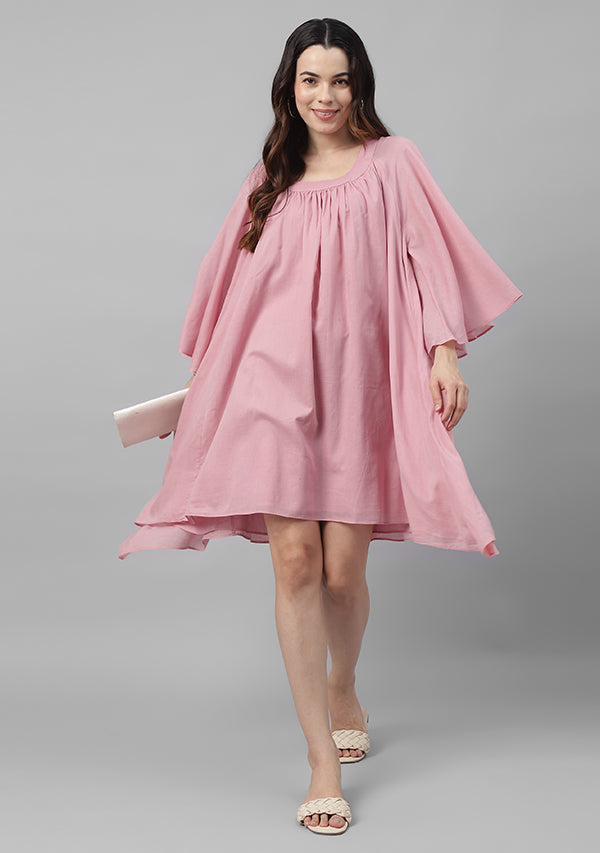 Pink Short Cotton Dress with  Gathers