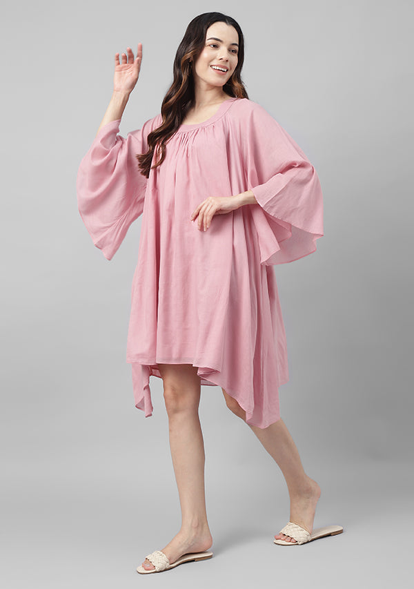 Pink Short Cotton Dress with  Gathers