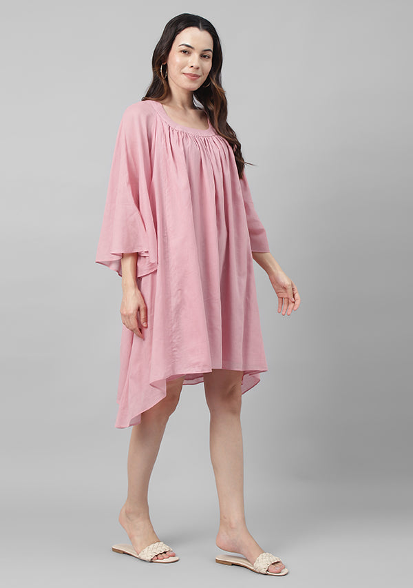 Pink Short Cotton Dress with  Gathers