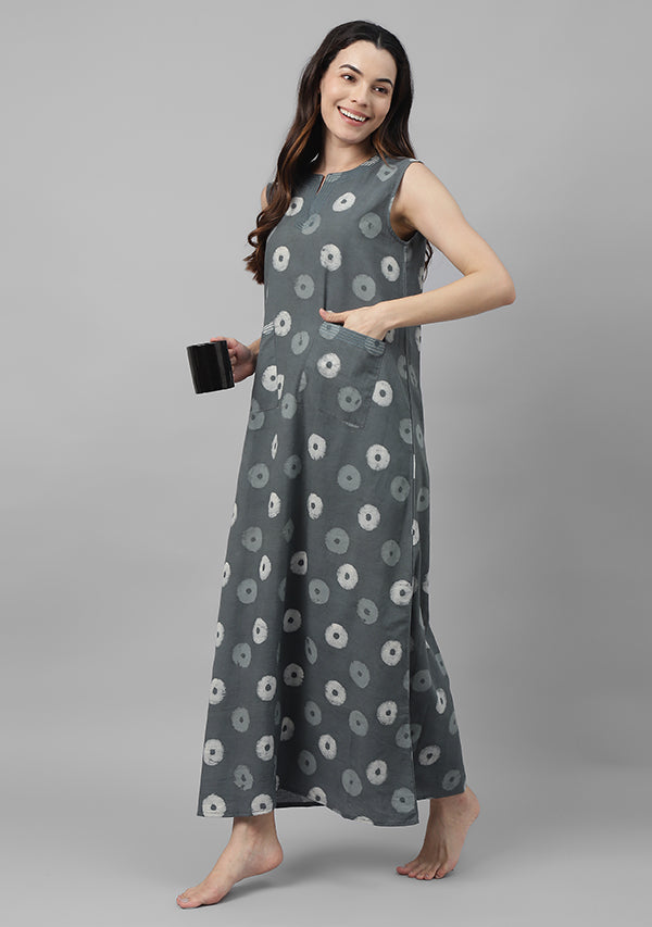 Grey Hand Block  Printed Sleeveless Cotton Night Dress