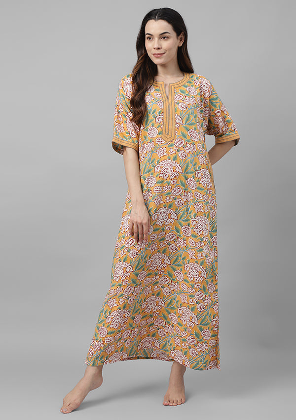 Yellow  Hand Block Printed Flower Motif Nighty Kaftan with contrast Stitch Lines