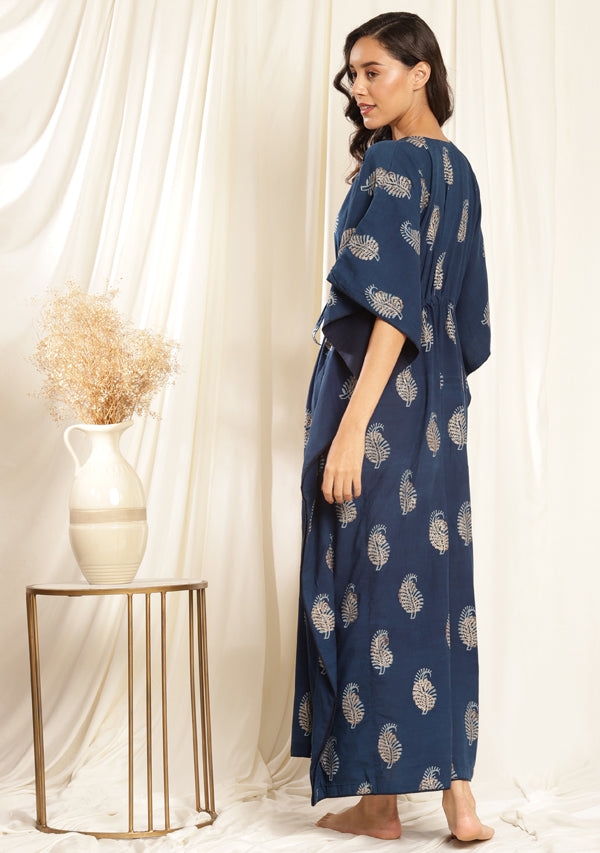 Indigo Paisley Motif Hand Block Printed Cotton Kaftan with Bronze Trimmings on Neckline