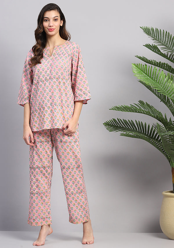 Pink Blue Floral Hand Block Printed Cotton Night Suit