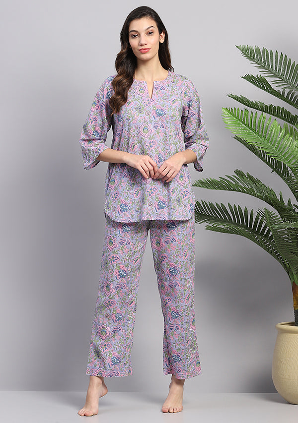 Mauve Pink  Floral Hand Block Printed Cotton Night Suit