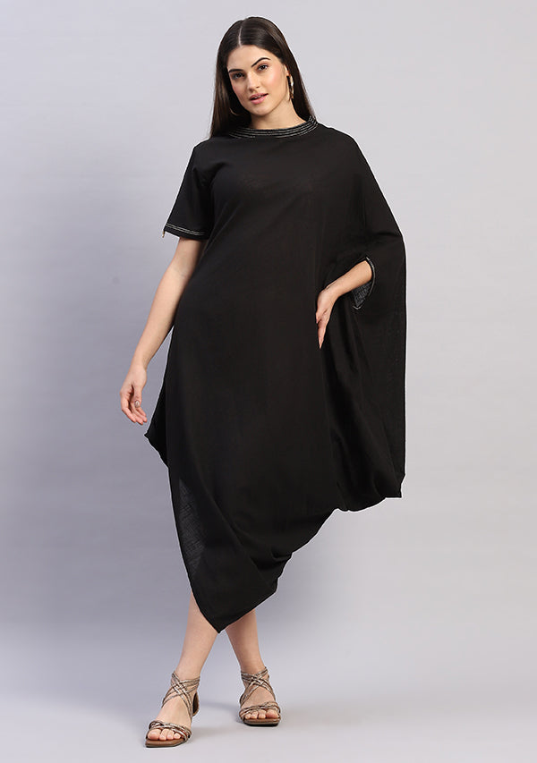 Black Cotton Dress With Loose Folds and Contrast Gold Trimmings