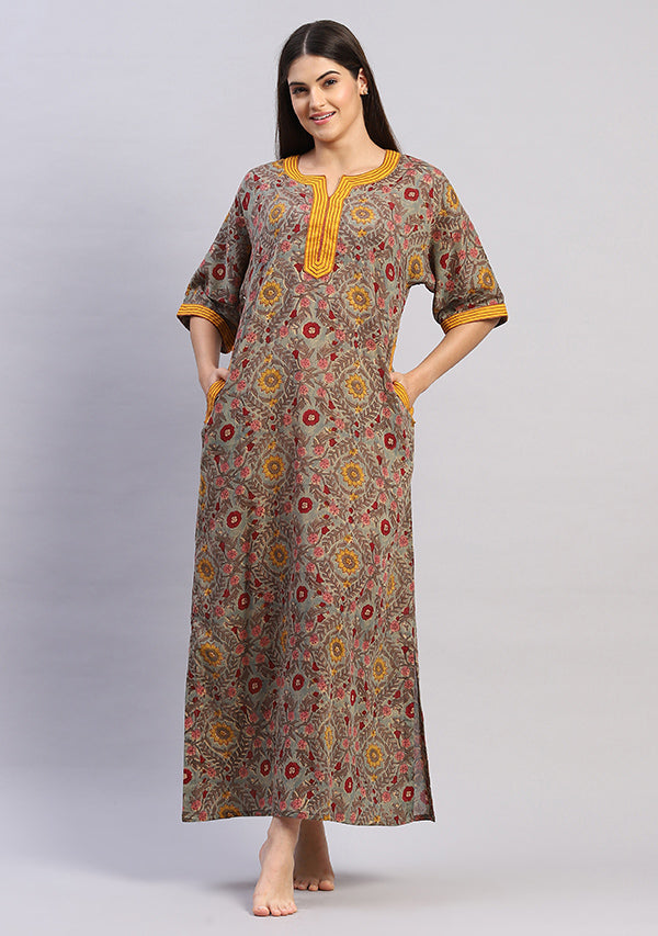 Teal Multicolor Hand Block Printed Floral Nighty Kaftan with Contrast Stitch Lines