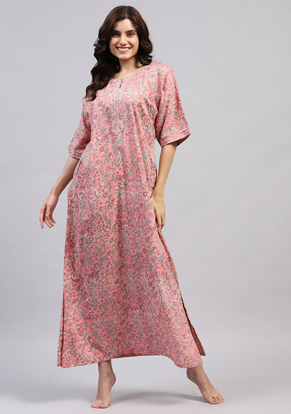 Pink Hand Block Printed Floral Nighty Kaftan with Contrast Stitch Lines