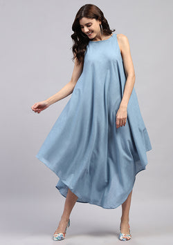 Smoke Blue Sleeveless Asymmetric Cotton Dress