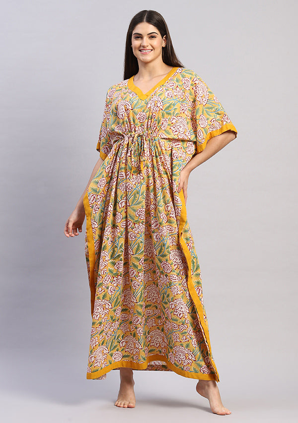 Yellow Maroon Floral Hand Block Printed Tie-Up Waist Cotton Kaftan