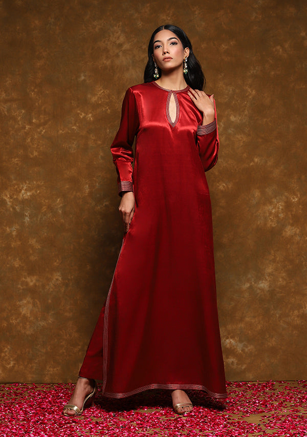 Red Long Mushru Kurta with Gold Trimmings paired with Straight Pants