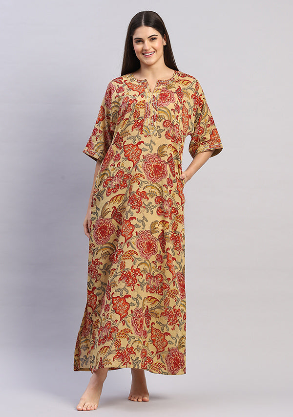 Mustard Multicolor Hand Block Printed Floral Nighty Kaftan with Stitch Lines