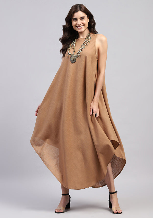 Brown Sleeveless Asymmetric Cotton Dress