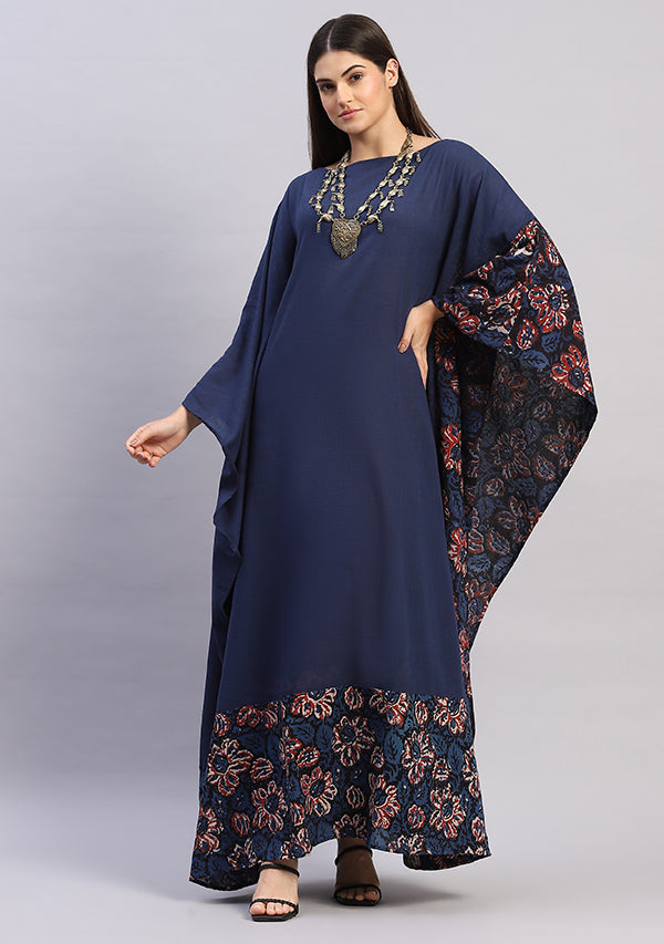 Flowy Navy Blue Cotton Kaftan with Hand Block Printed Detail