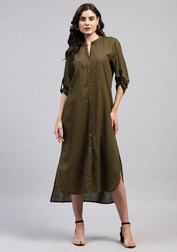 Military Green Front Open Cotton Shirt Dress with Wooden Buttons and Contrast Trimmings