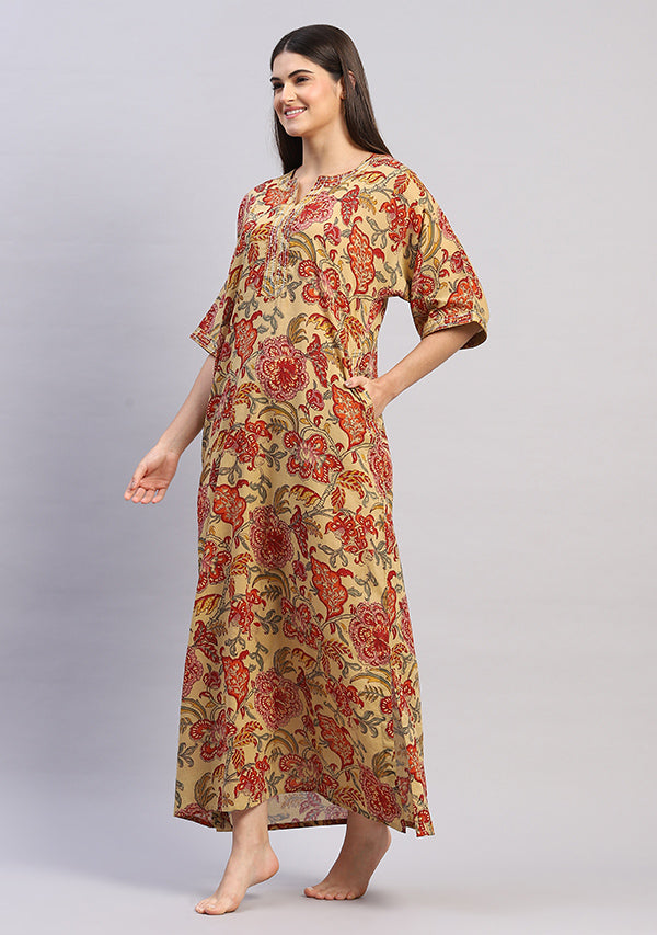 Mustard Multicolor Hand Block Printed Floral Nighty Kaftan with Stitch Lines