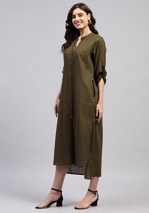 Military Green Front Open Cotton Shirt Dress with Wooden Buttons and Contrast Trimmings