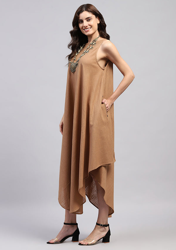 Brown Sleeveless Asymmetric Cotton Dress