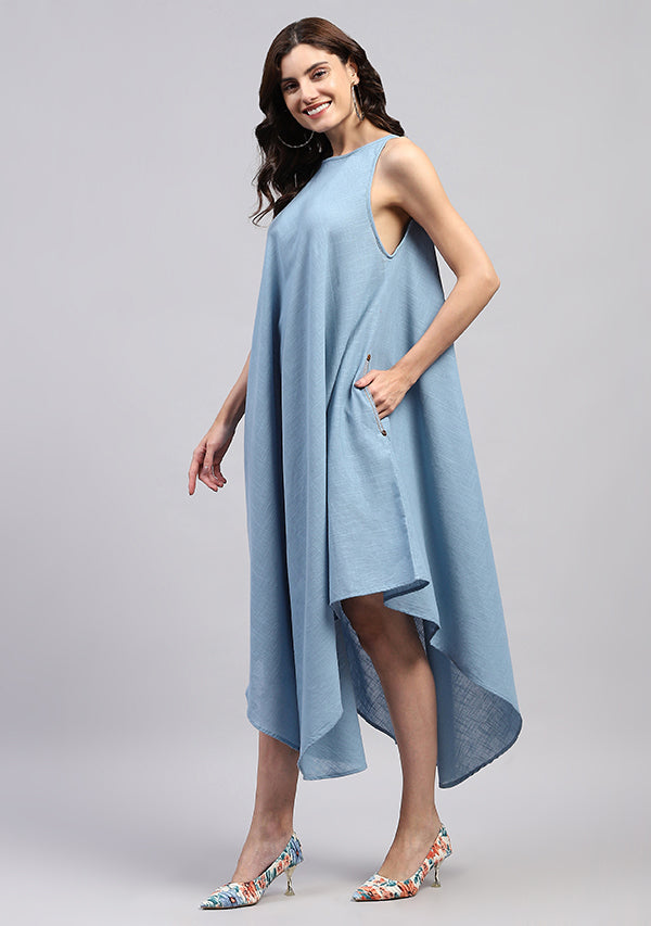 Smoke Blue Sleeveless Asymmetric Cotton Dress