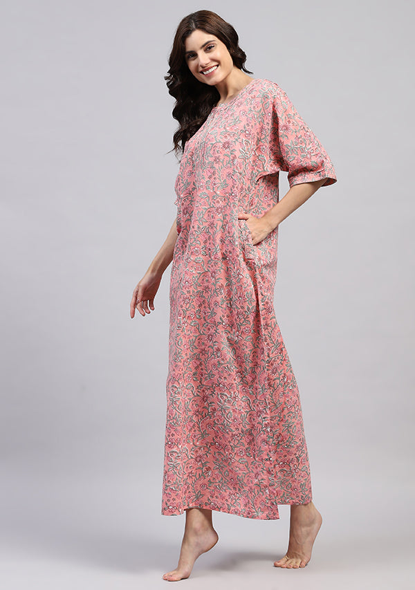 Pink Hand Block Printed Floral Nighty Kaftan with Contrast Stitch Lines