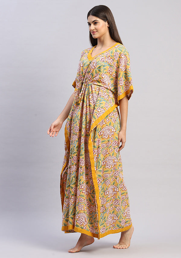 Yellow Maroon Floral Hand Block Printed Tie-Up Waist Cotton Kaftan