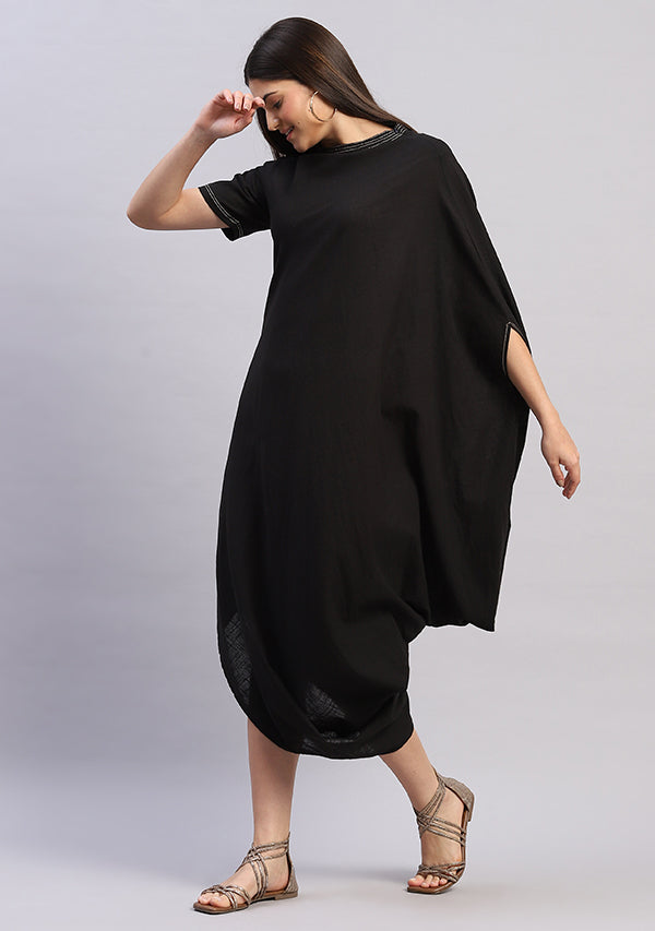 Black Cotton Dress With Loose Folds and Contrast Gold Trimmings