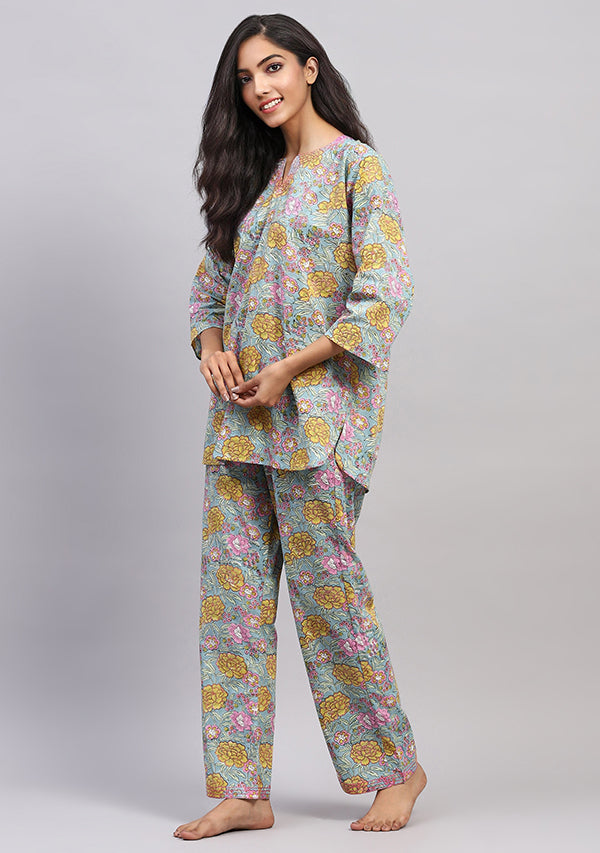 Aqua Yellow Floral Hand Block Printed Cotton Night Suit