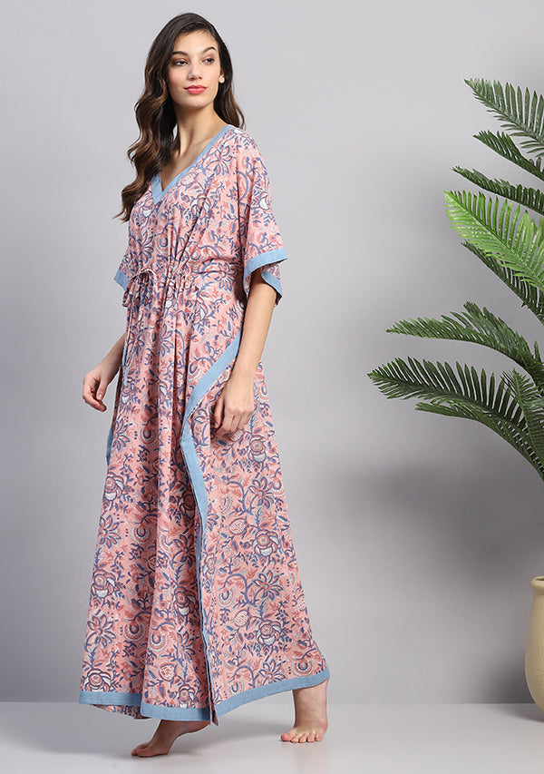 Pink Smoke Blue Floral Hand Block Printed Tie-Up Waist Cotton Kaftan